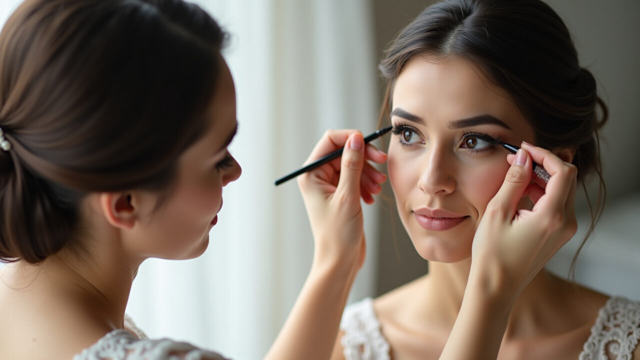 Professional photography, brunette bride applying eyeliner, thin line, natural lighting, soft Noiva morena aplicando delineador discreto rente aos cílios.