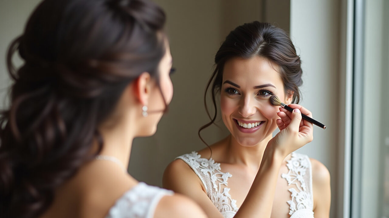 Professional photography, brunette bride applying foundation, natural lighting, soft focus, 8K Noiva morena aplicando base para maquiagem de casamento civil.