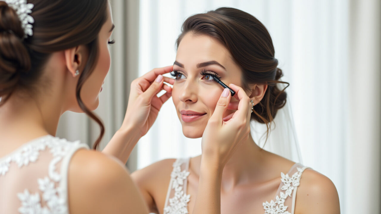Professional photography, brunette bride applying mascara, lengthening lashes, natural lighting, Noiva morena aplicando máscara de cílios para alongar e definir.