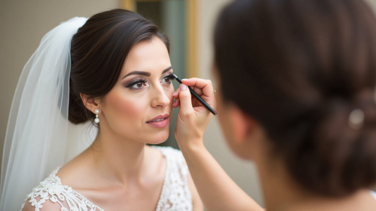 Professional photography, brunette bride applying neutral eyeshadow, natural lighting, soft focus, Noiva morena aplicando sombras neutras e iluminadas.