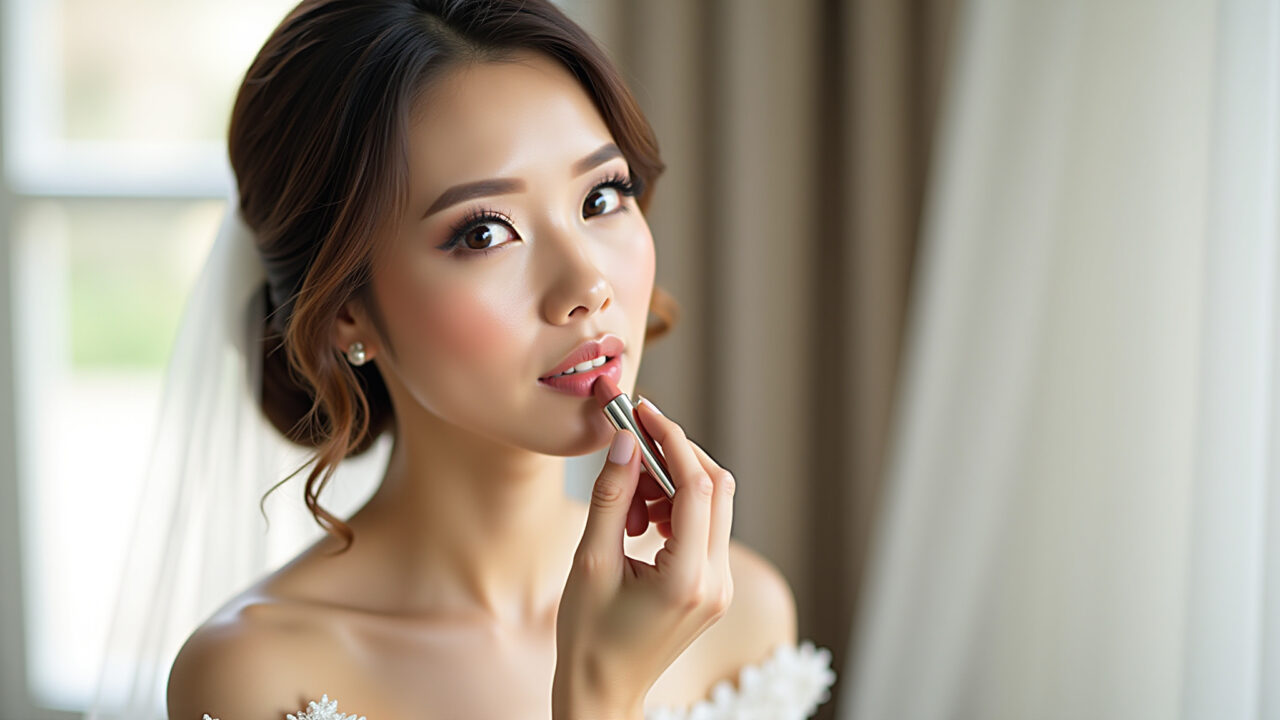 Professional photography, brunette bride applying nude lipstick, natural lighting, soft focus, 8K Noiva morena aplicando batom nude para um visual natural.