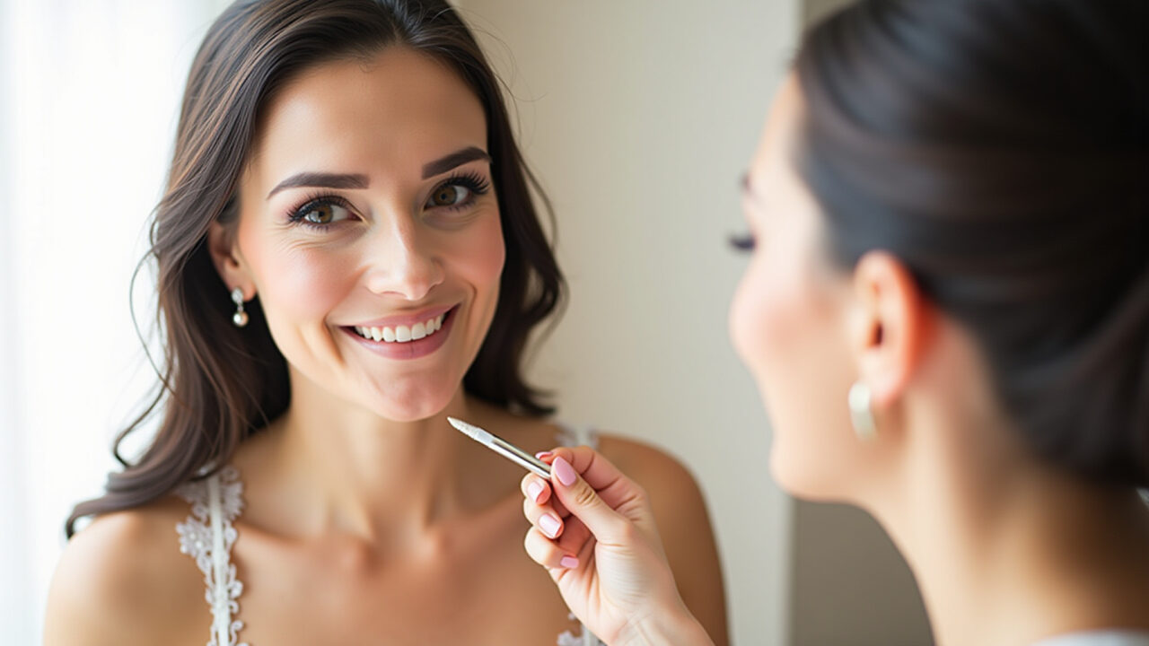 Professional photography, brunette bride applying primer, preparing skin, natural lighting, soft Noiva morena preparando a pele para maquiagem de casamento civil.