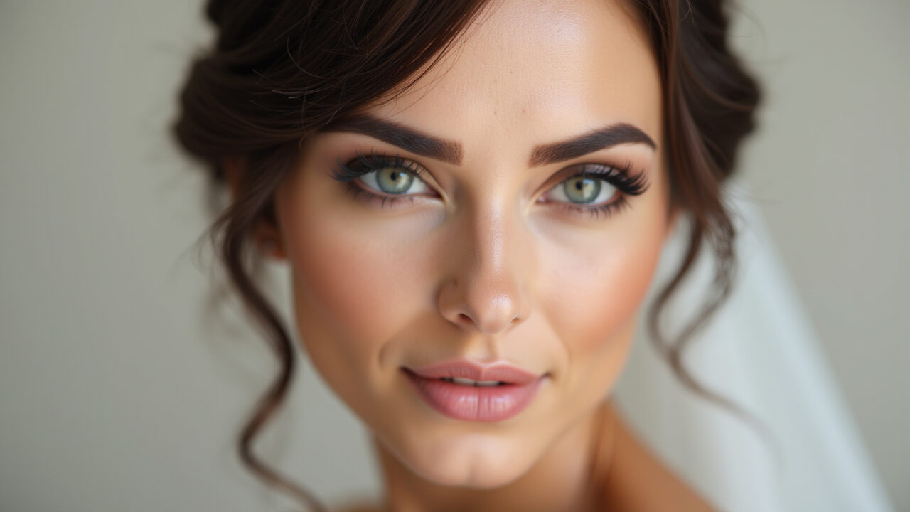 Professional photography, brunette bride defining eyebrows, natural lighting, soft focus, 8K Noiva morena definindo as sobrancelhas com lápis.
