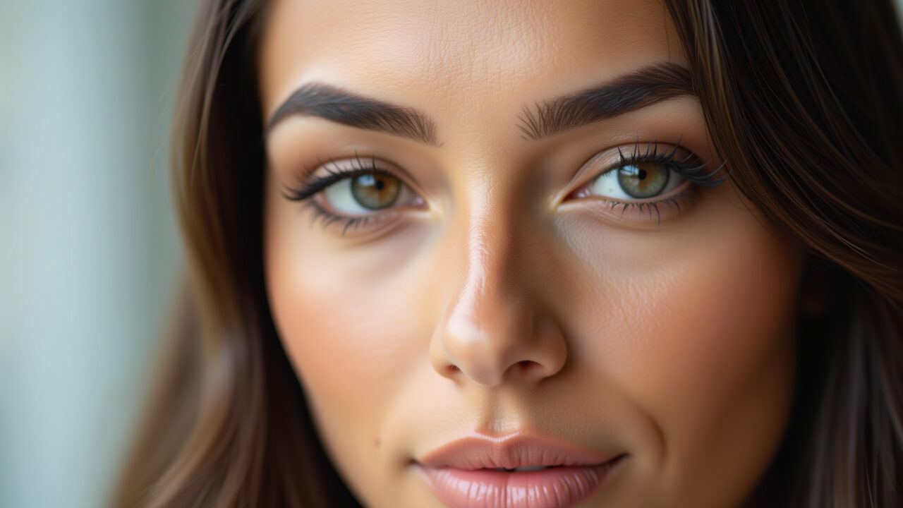 Professional photography, close-up of woman's face with perfectly defined eyebrows, natural makeup, Sobrancelhas bem definidas para todos os estilos de casamento.