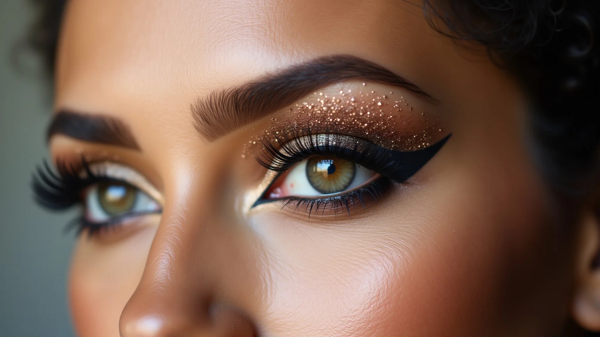 Close-up de olho com delineado gatinho perfeito e sombra glitter para o Réveillon.