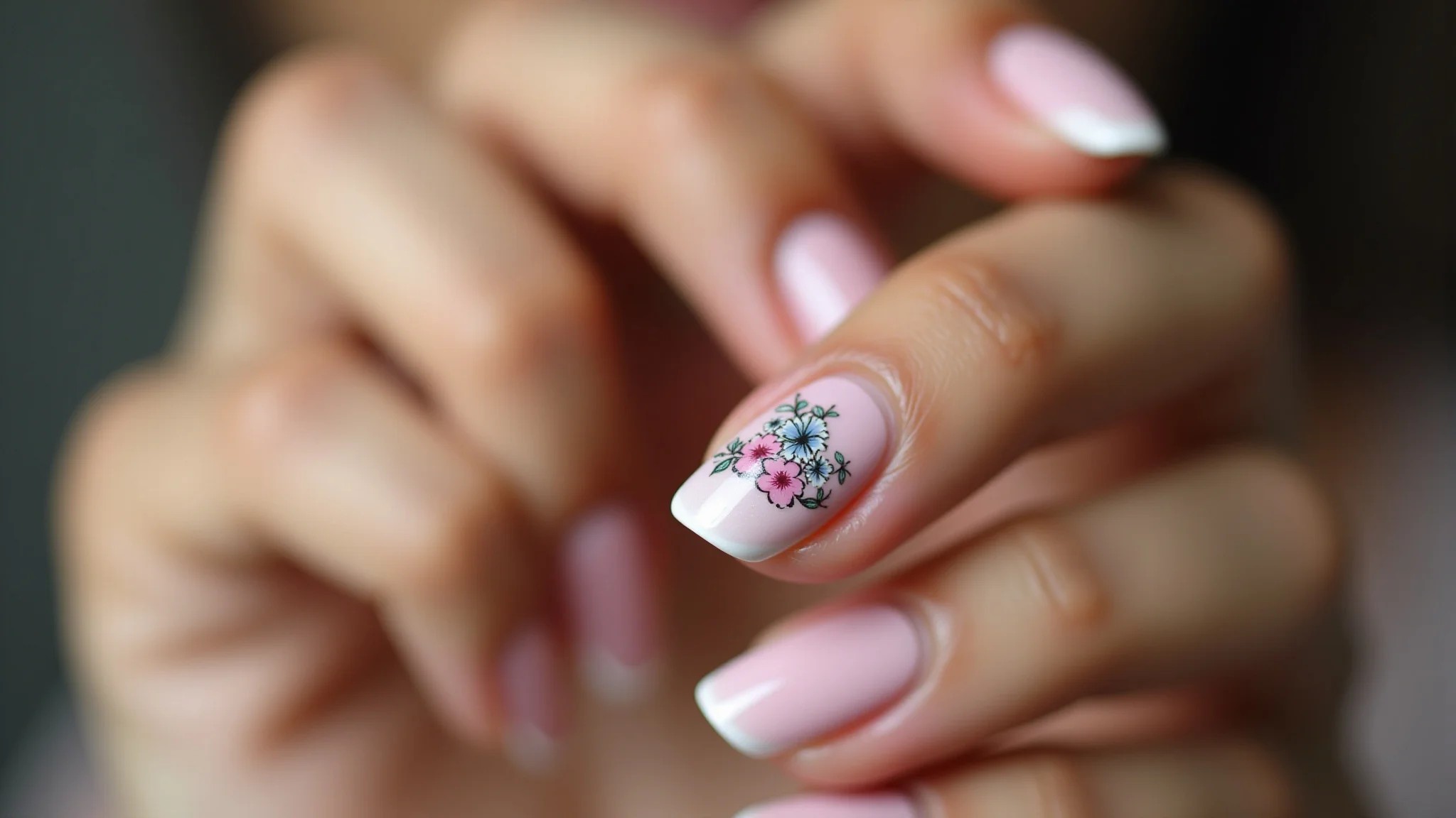 Detalhe de unha decorada com design floral delicado para madrinha.