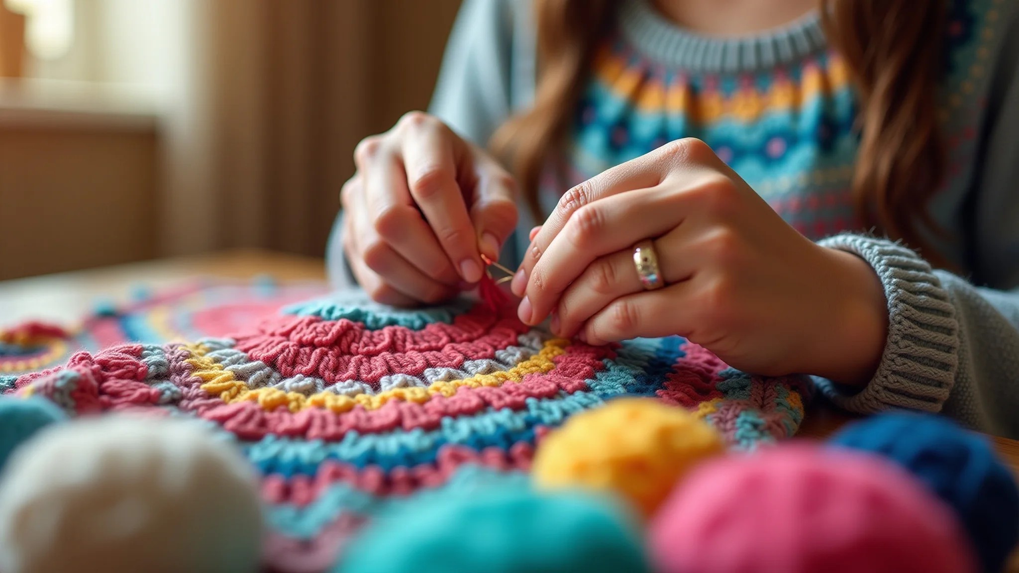 Mãos crocheteando blusa colorida com fio de algodão.