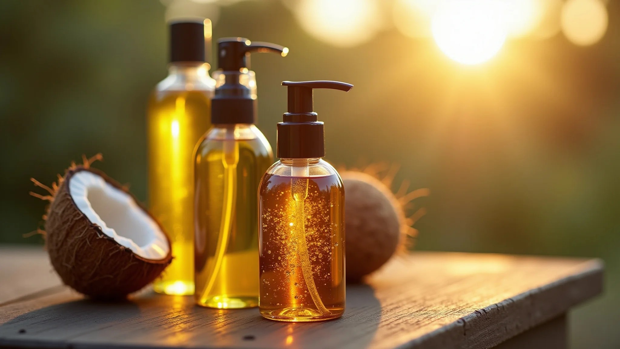 Close-up de óleos naturais para cabelos cacheados: coco, argan, oliva.