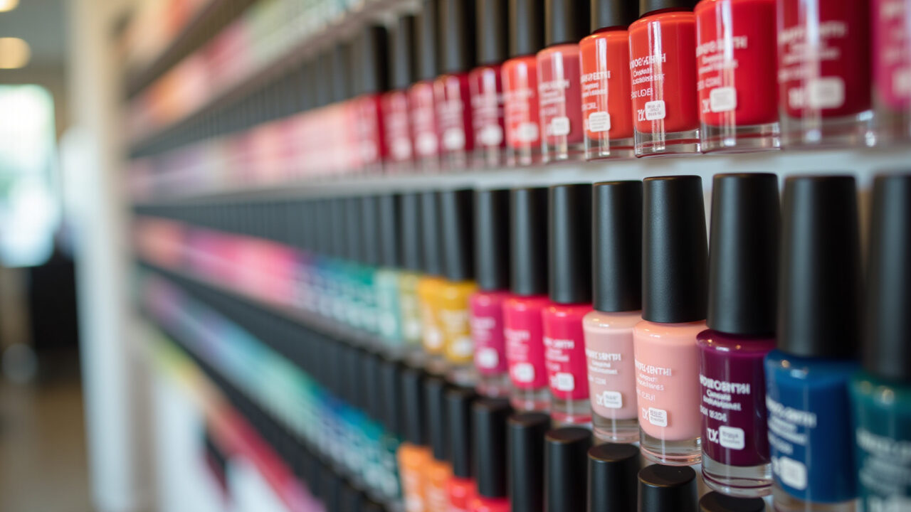 Professional photography, creative nail polish display on a salon wall, artistic arrangement, Painel de esmaltes decorativo em salão de beleza.