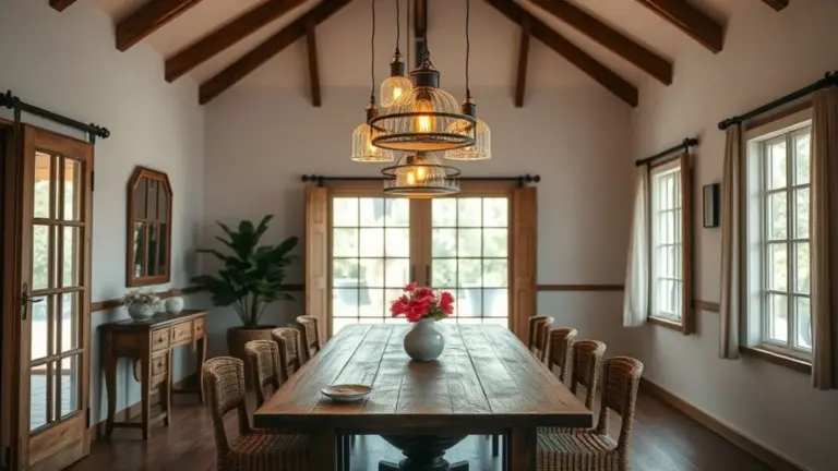 Sala de jantar vibrante com luminárias pendentes modernas destacando a mesa de madeira.