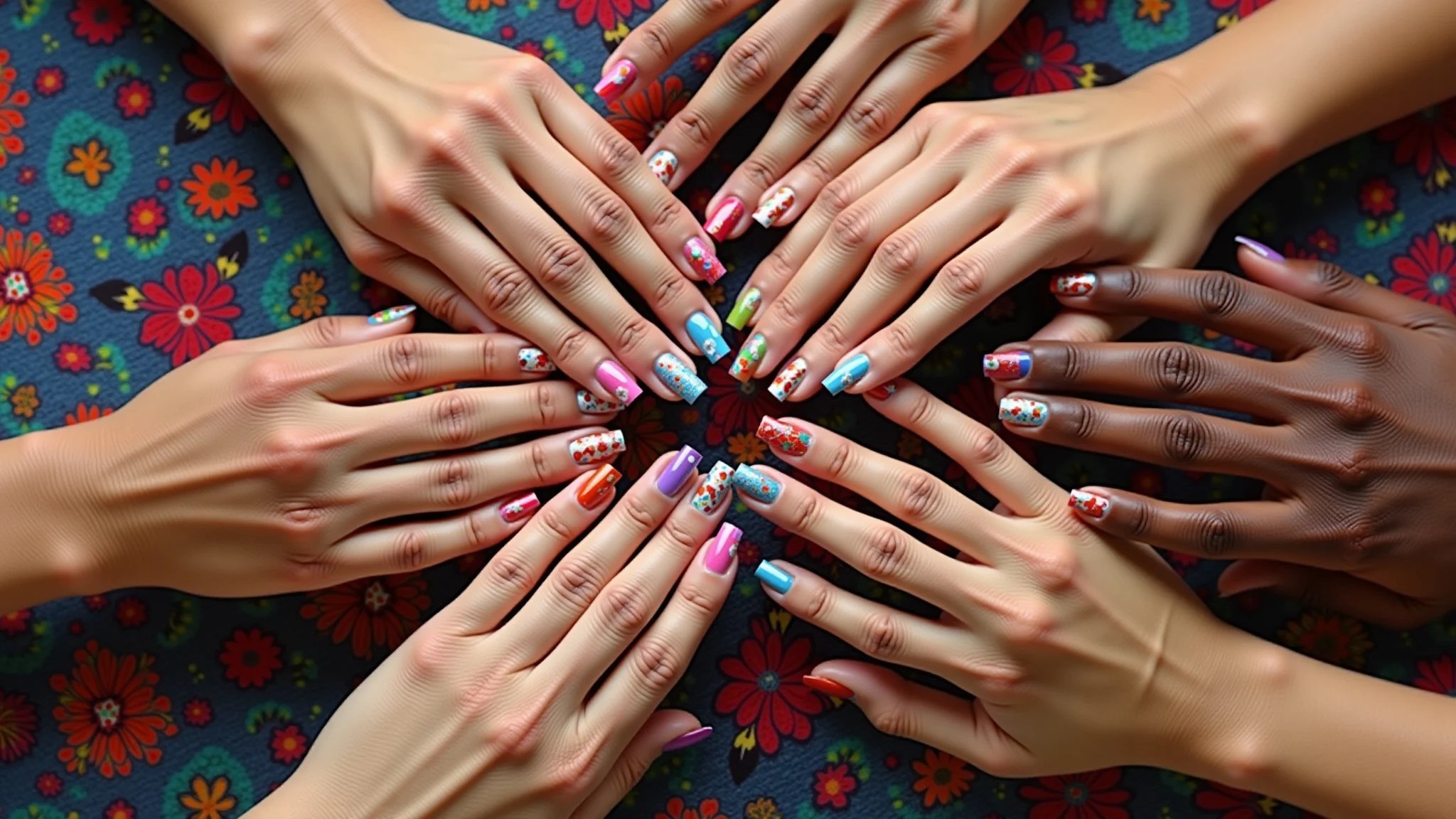 Mãos com nail art geométrica em cores vibrantes sobre fundo de tecido brasileiro.