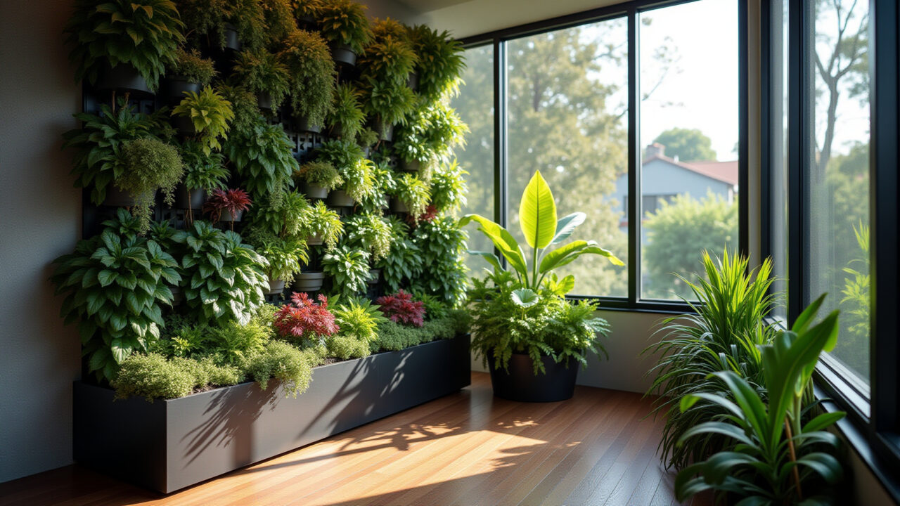 Professional photography, double height balcony with lush vertical garden, various plants, natural Jardim vertical exuberante em varanda com pé direito duplo.