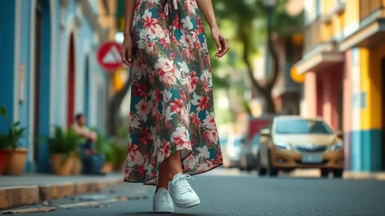 Mulher elegante com saia midi floral e tênis em rua vibrante no Brasil, estilo casual e moderno.