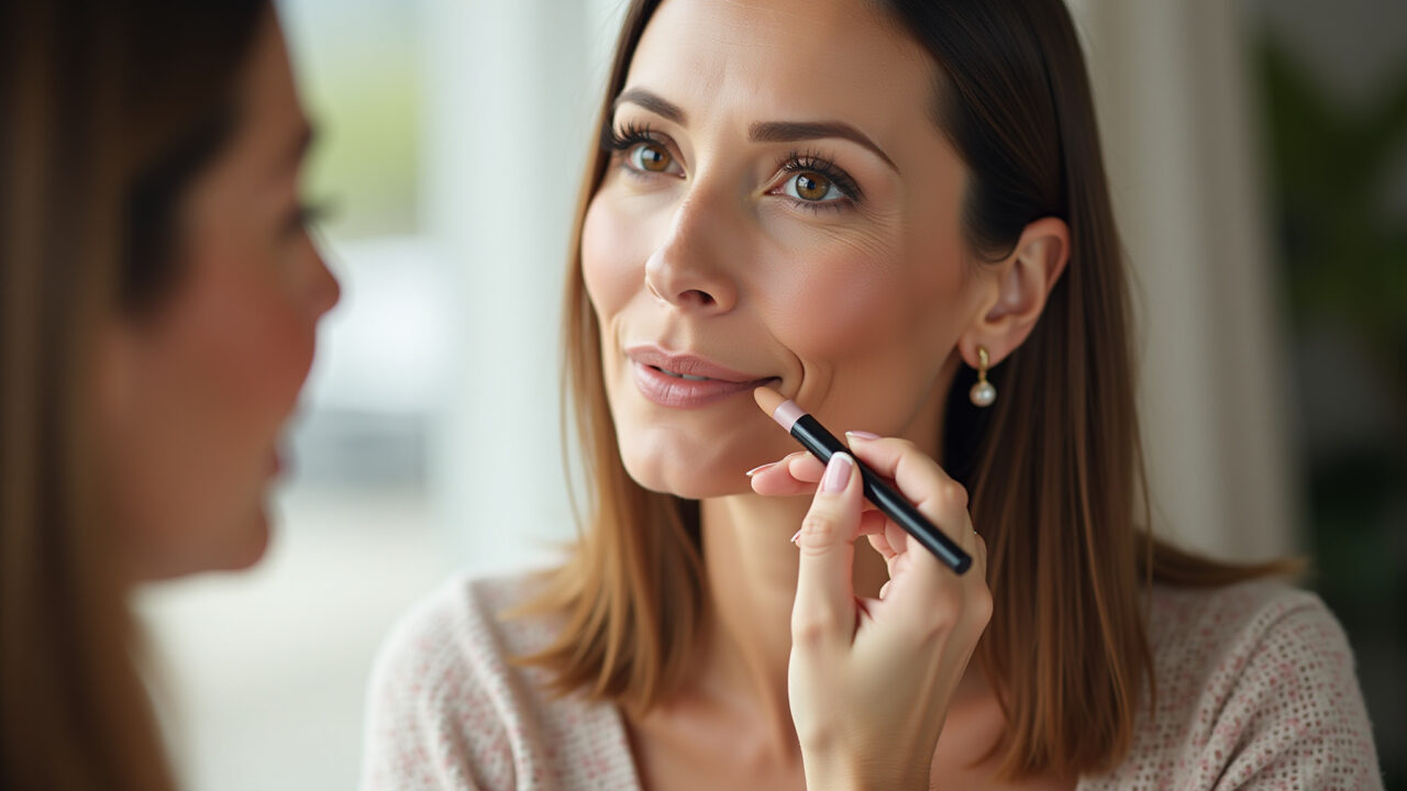 Professional photography, elegant mature woman applying nude lipstick, natural lighting, 8K Mulher madura elegante aplicando batom nude.