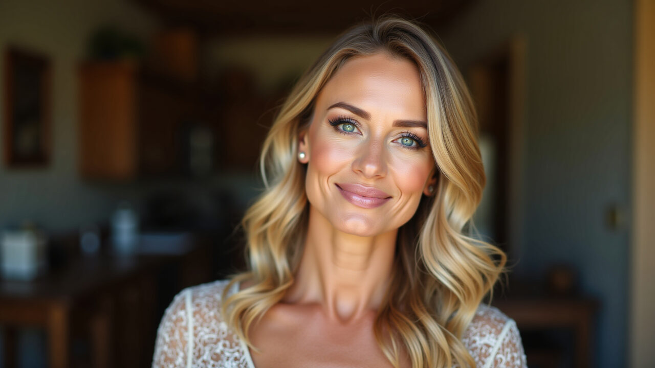 Professional photography, elegant mature woman with light makeup, natural lighting, Farm Rio style Mulher madura elegante com maquiagem leve e natural.