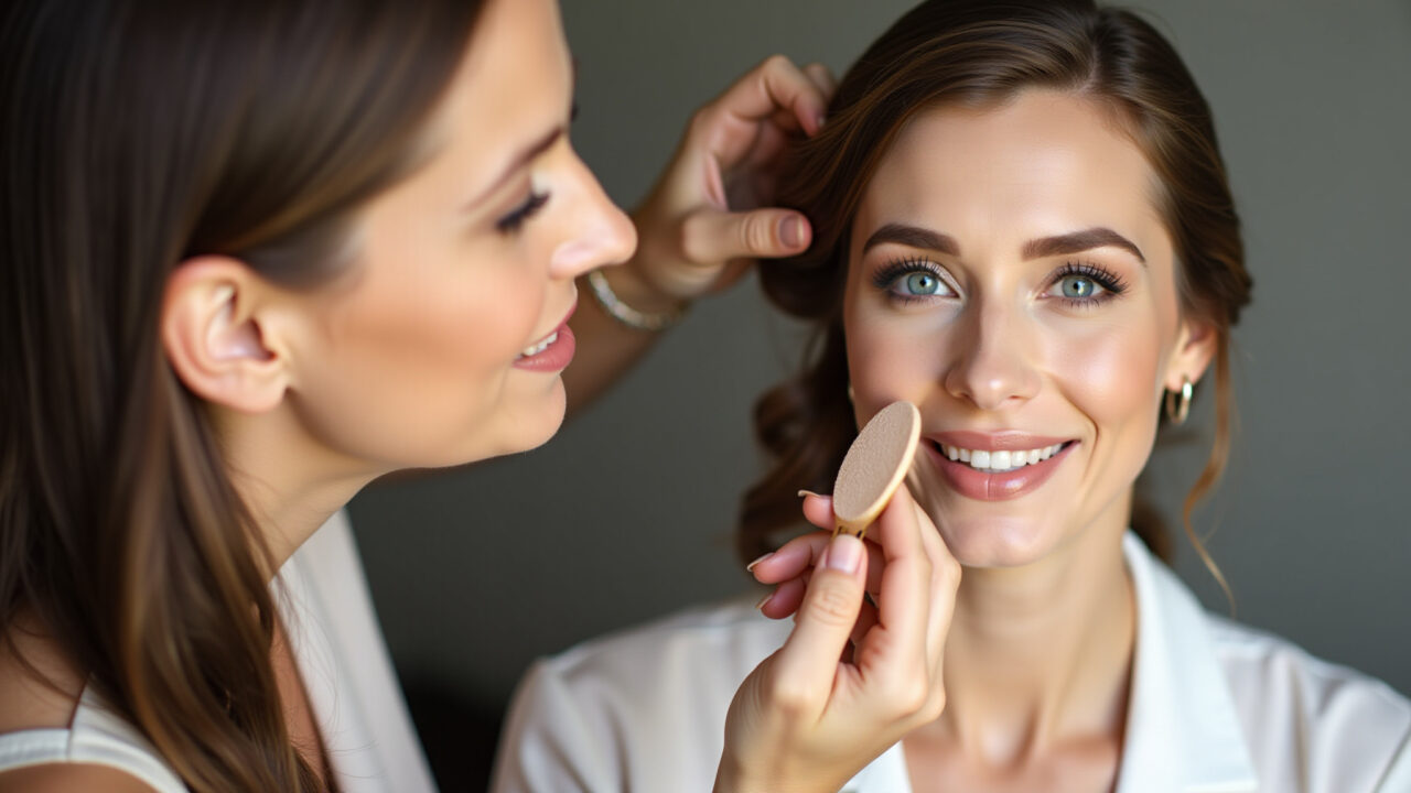 Professional photography, elegant woman applying foundation with a sponge, natural, flawless Aplicação de base para maquiagem de madrinha à noite com cobertura natural.