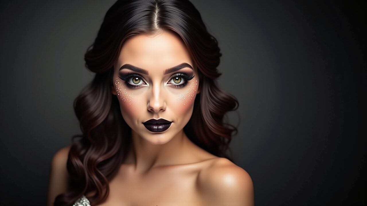 Maquiagem glamourosa para casamento à noite com olhos esfumados e glitter.