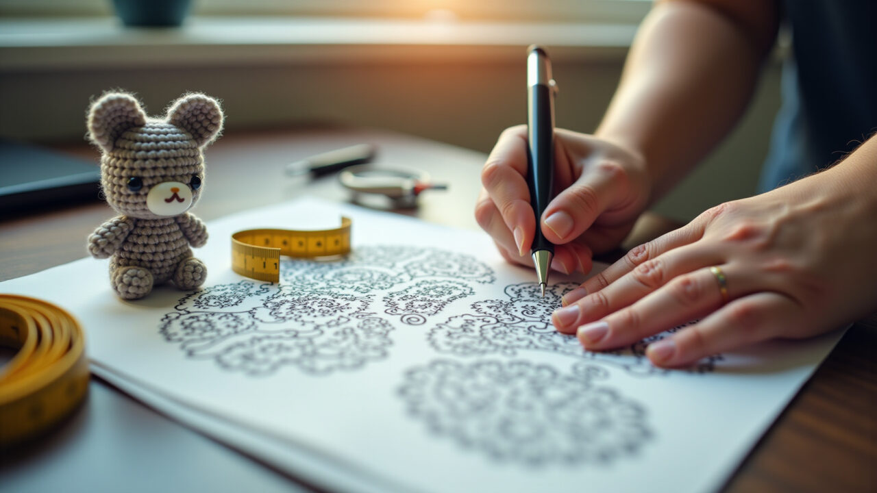 Professional photography, intricate amigurumi design, complex patterns, crochet hooks, measuring Amigurumi complexo com detalhes intrincados.