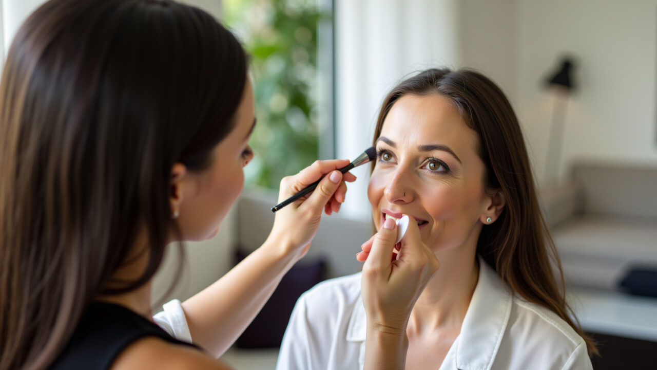 Professional photography, makeup artist applying highlighter on mature woman, cheekbones, natural Maquiador aplicando iluminador em mulher madura.
