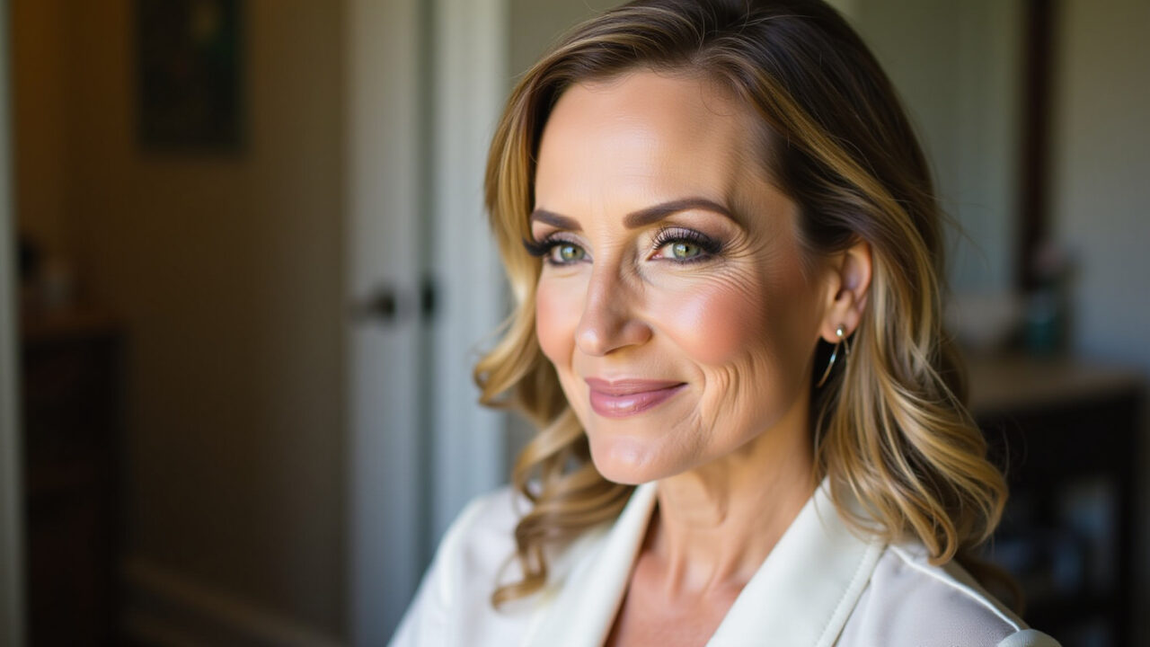 Professional photography, mature woman with defined eyebrows, natural lighting, 8K quality, sharp Mulher madura com sobrancelhas bem definidas.