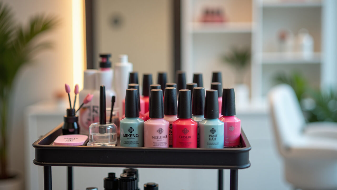 Professional photography, nail polish bottles arranged on a rolling cart in a salon, manicure Carrinho auxiliar com esmaltes e materiais de manicure.