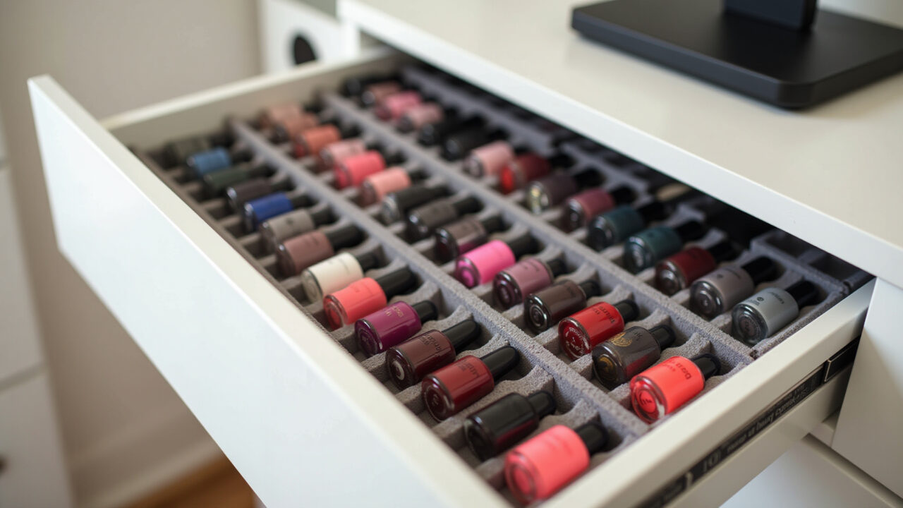 Professional photography, nail polish collection organized in drawers with dividers, salon Gaveteiro com esmaltes organizados por cor.