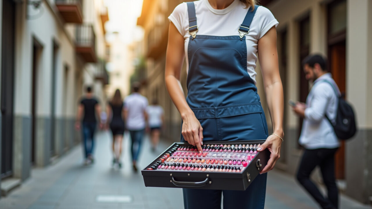 Professional photography, nail technician carrying a nail polish organizer suitcase, mobile salon Manicure transportando maleta de esmaltes.