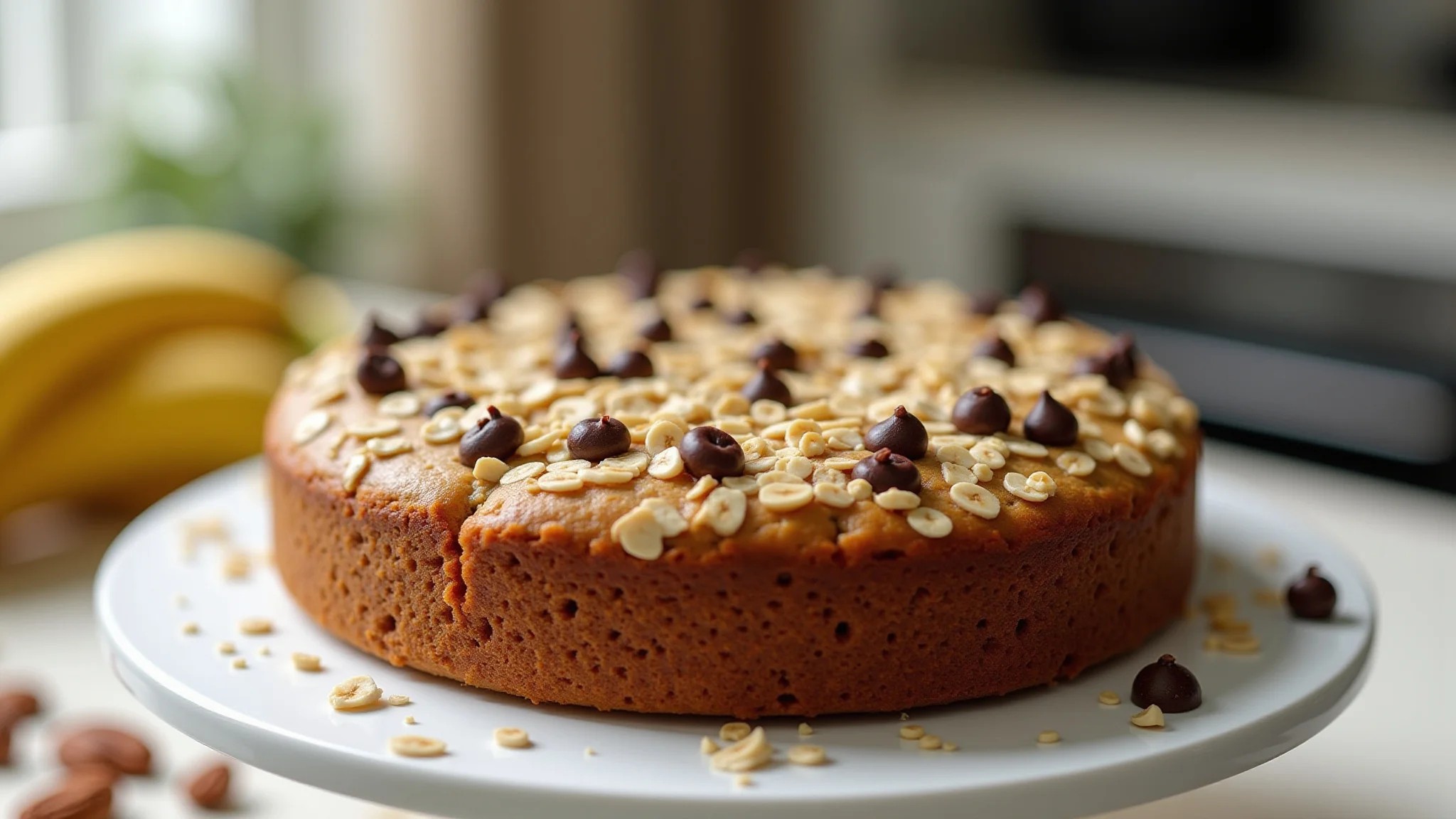 Bolo de banana com aveia, nozes e gotas de chocolate em cozinha estilo brasileiro.