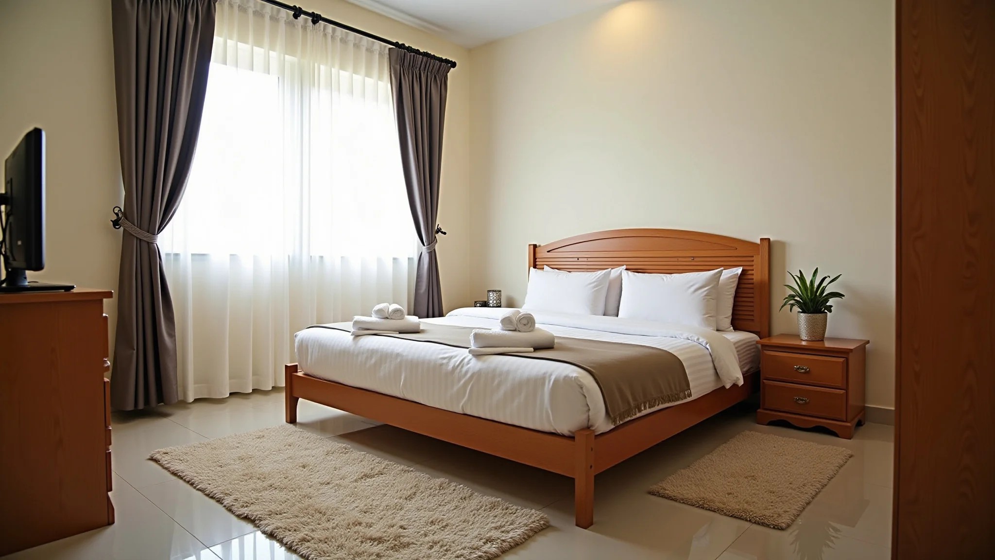 Quarto com dois tapetes pequenos nas laterais da cama, oferecendo conforto e estilo.