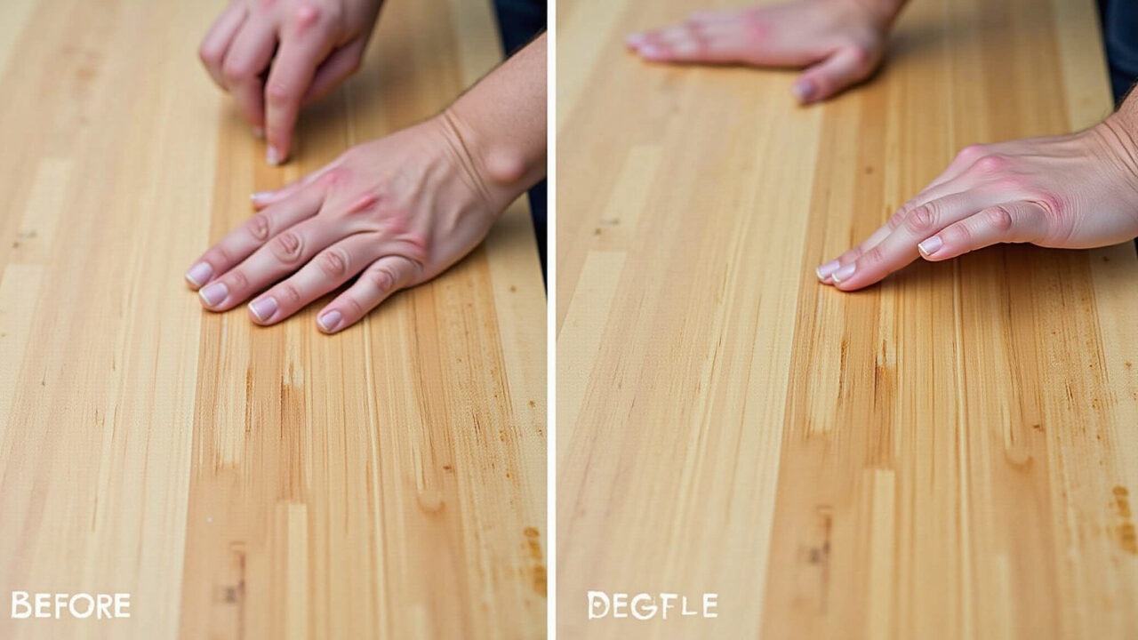Professional photography of a before-and-after comparison of a wooden surface, showing the Comparativo antes e depois de lixar madeira, mostrando a diferença.