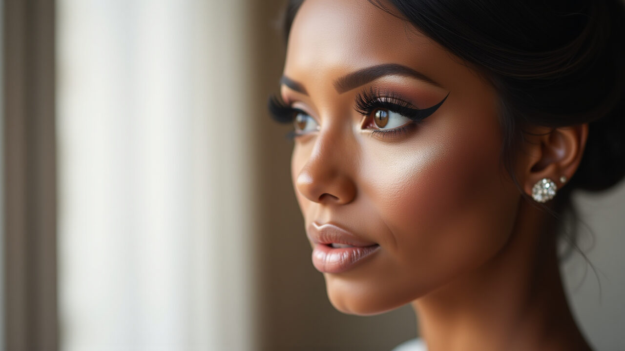 Professional photography of a Black bride with glamorous eye makeup, using earthy tones, eyeliner, Maquiagem dos olhos glamourosa para noivas negras.