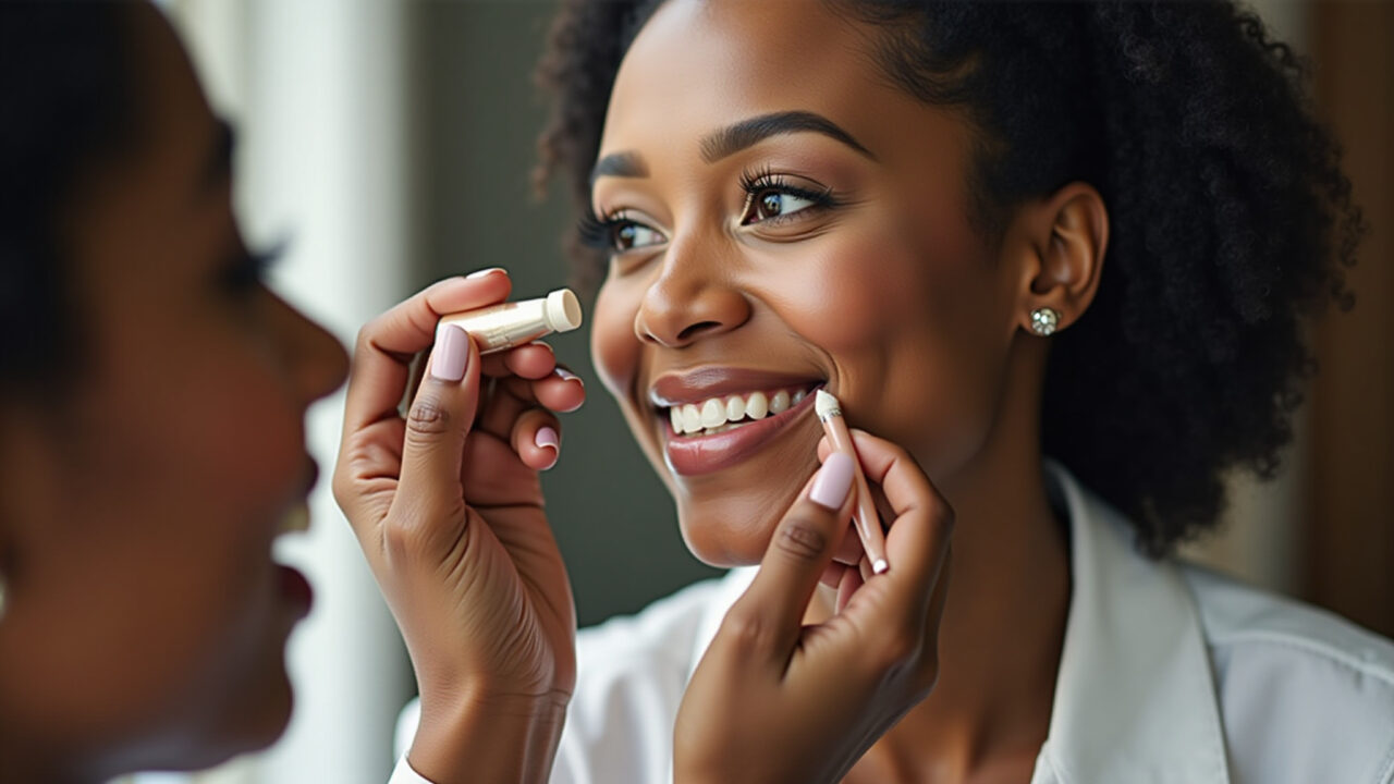 Professional photography of a Black woman applying primer to her face, preparing for wedding Preparação da pele negra para maquiagem de casamento.