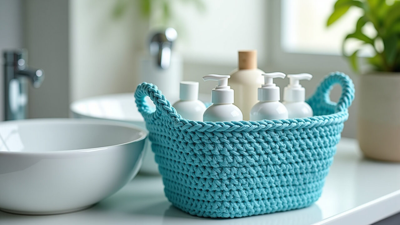 Cesto de crochê azul para produtos de higiene em banheiro limpo.