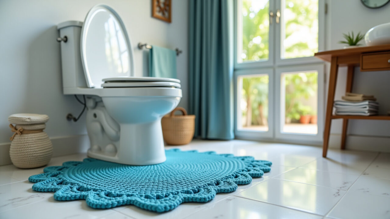 Tapete de crochê azul ao redor do vaso sanitário em banheiro iluminado.