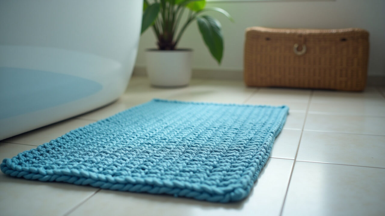 Professional photography of a blue crochet rug for bathroom, soft texture, natural lighting, 8K Tapete de crochê azul macio para banheiro em casa brasileira.