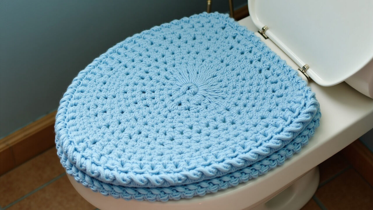 Professional photography of a blue crochet toilet seat cover with delicate details, natural Capa de crochê azul para tampa de vaso sanitário em banheiro estiloso.