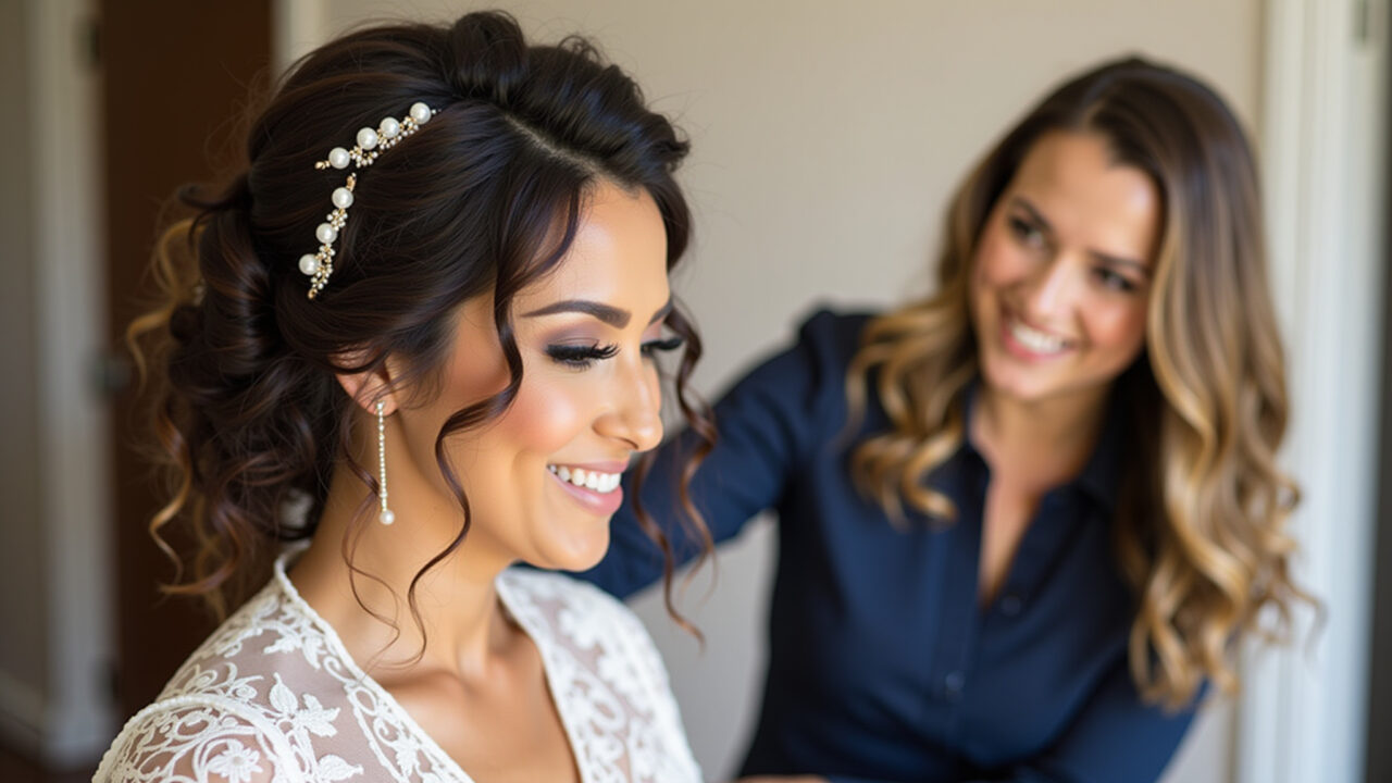 Professional photography of a Brazilian bride with curly hair in a half-updo, accessorized with Noiva cacheada com semi-preso lateral e pérolas.