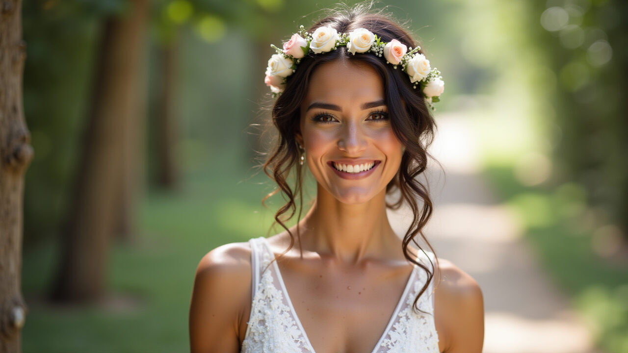 Professional photography of a Brazilian bride with loose curly hair and a flower crown, natural Noiva cacheada com cachos soltos e coroa de flores.