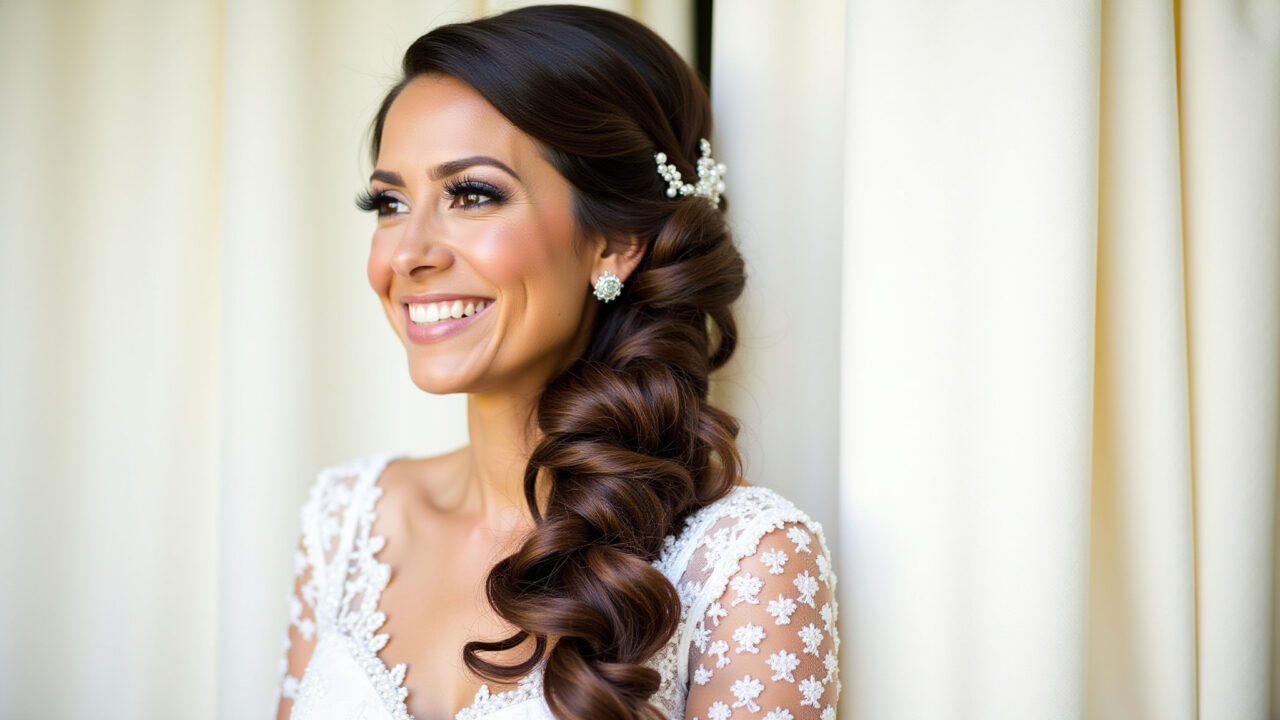 Professional photography of a Brazilian bride with a voluminous side braid and defined curls, Noiva cacheada com trança lateral volumosa.