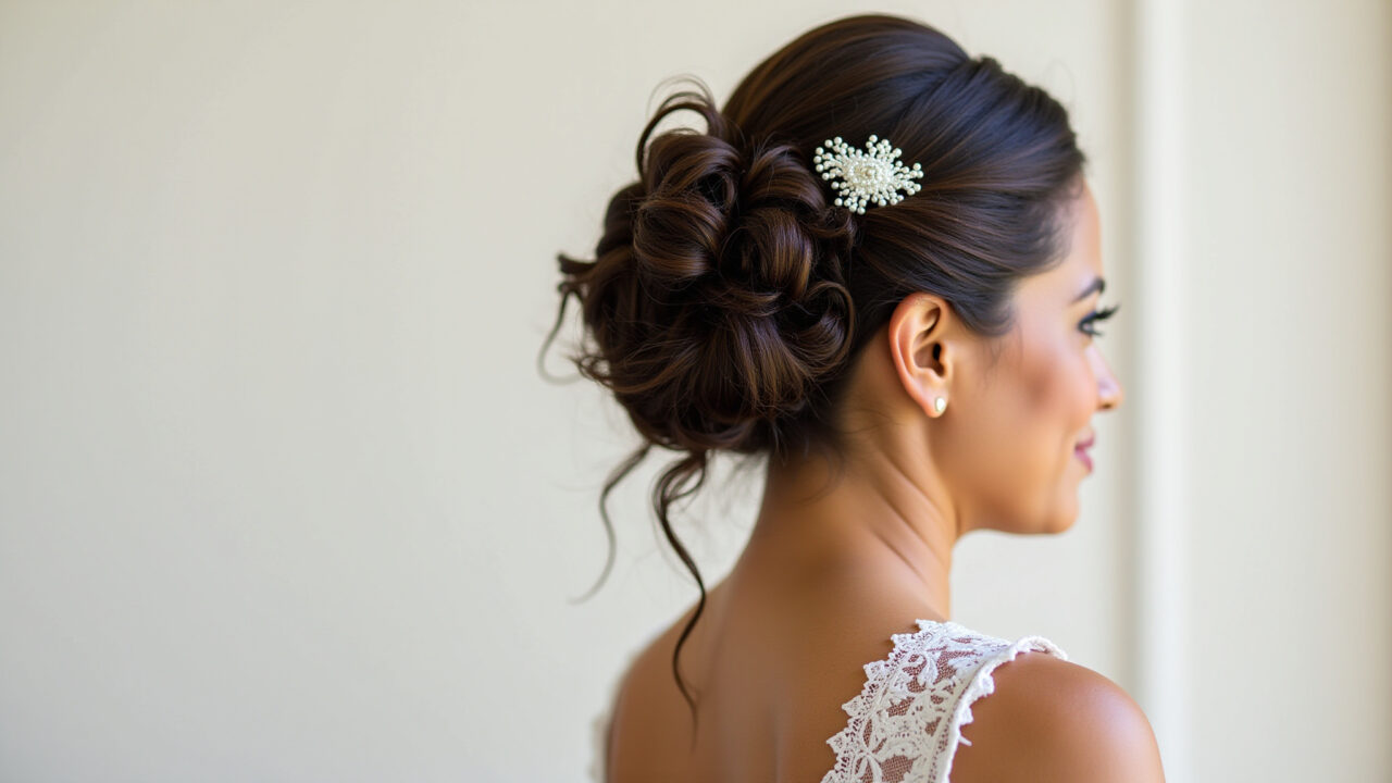 Professional photography of a Brazilian bride with a textured high bun and curly strands, natural Noiva cacheada com coque alto texturizado.