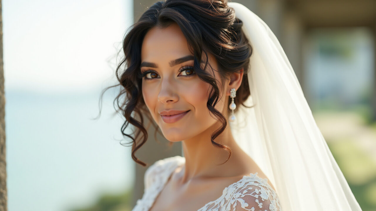 Professional photography of a Brazilian bride with natural curls and a veil, natural lighting, 8K Noiva cacheada com véu e cachos naturais.