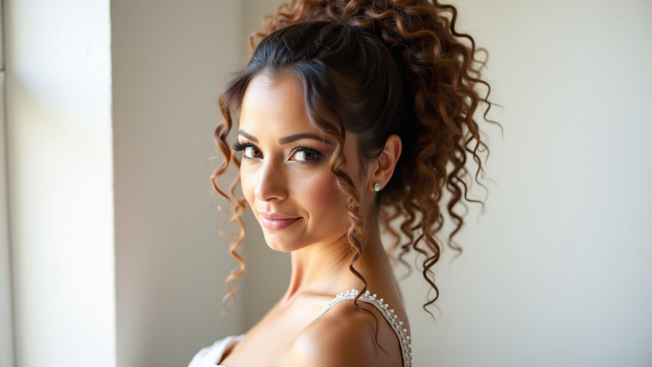 Professional photography of a Brazilian bride with curly hair in a high ponytail, natural lighting, Noiva cacheada com rabo de cavalo alto.