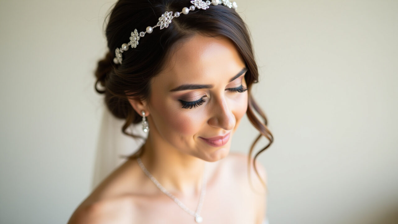 Professional photography of a Brazilian bride with short curls and delicate accessories, natural Noiva cacheada com cachos curtos e acessórios.