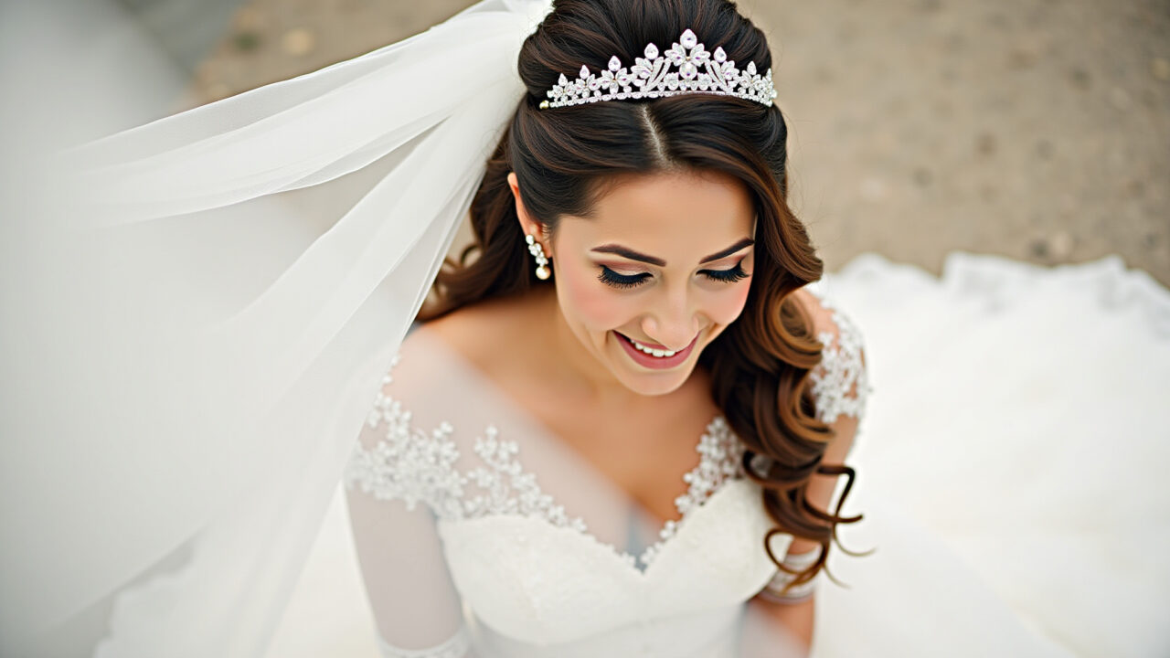 Professional photography of a Brazilian bride with curls and a sparkling tiara, natural lighting, Noiva cacheada com tiara de brilho.