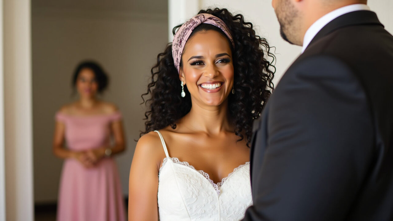Professional photography of a Brazilian bride with curls and a headscarf, natural lighting, 8K Noiva cacheada com lenço ou turbante.