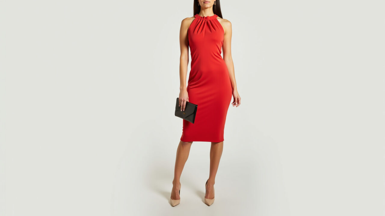 Mulher elegante com vestido vermelho tubinho e scarpin nude.