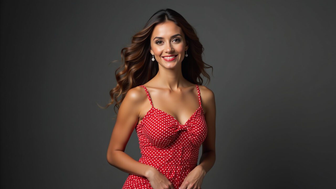 Mulher com vestido vermelho de poá.