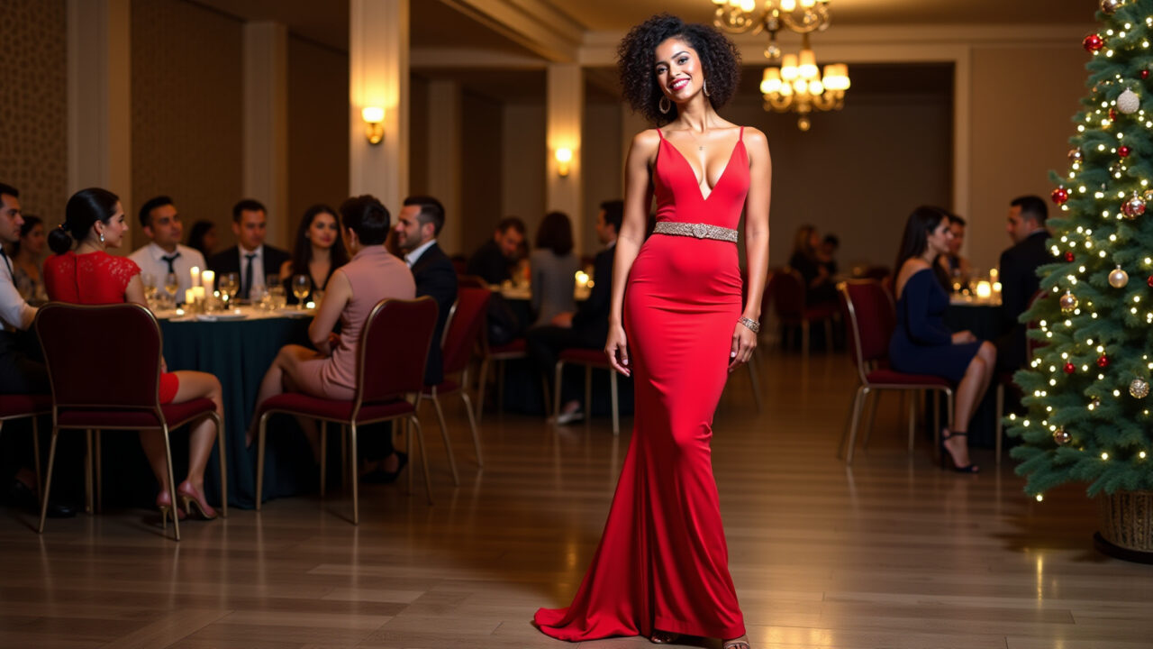 Mulher com vestido vermelho tubinho, cinto e sandália de salto.