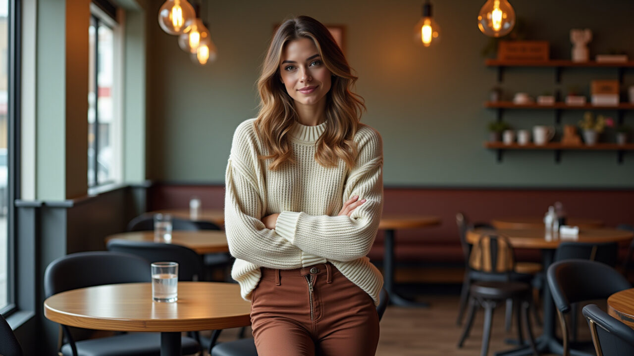 Mulher com calça slouchy e tricô oversized em café.