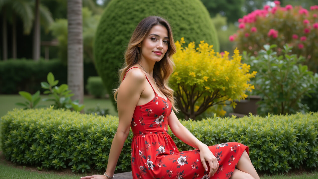 Mulher com vestido midi vermelho floral em jardim vibrante.